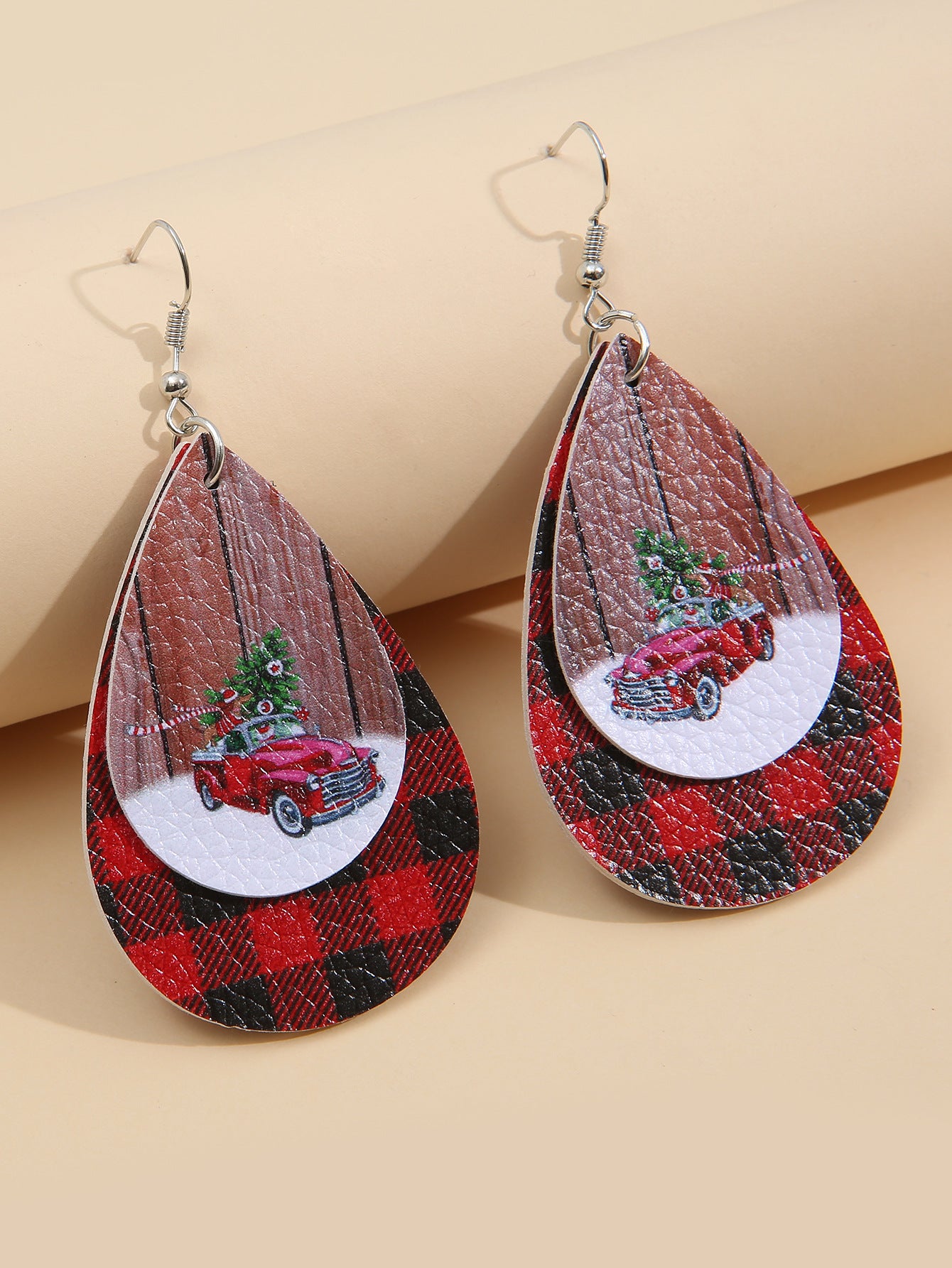 Wholesale Christmas Tree Car Leather Droplet Earrings